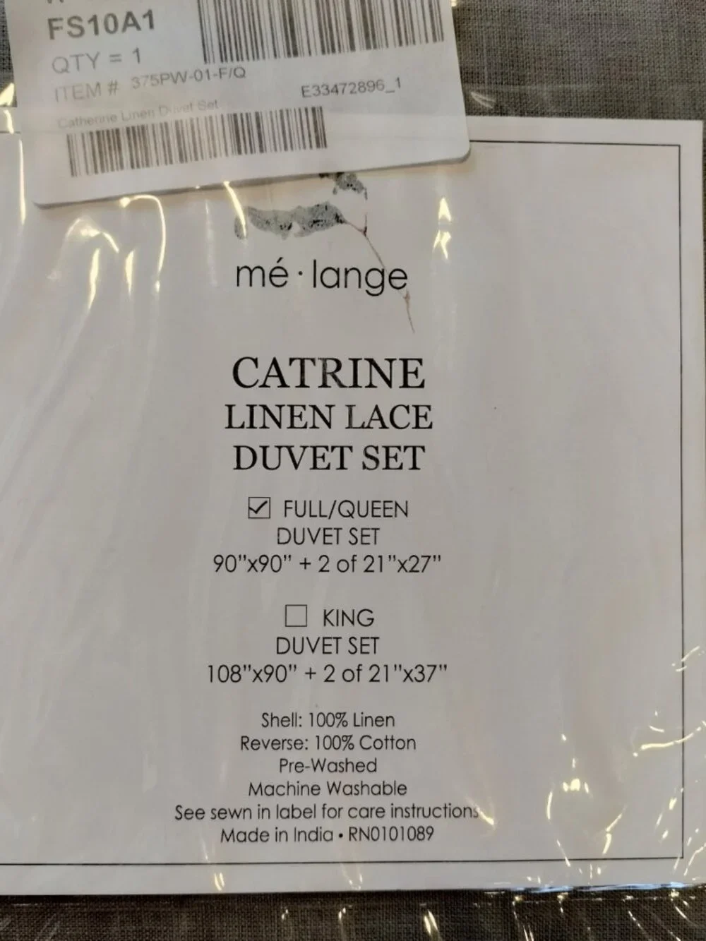 Melange Catrine Linen Crochet Lace Duvet Set Full/Queen Grey Storm 3 Piece